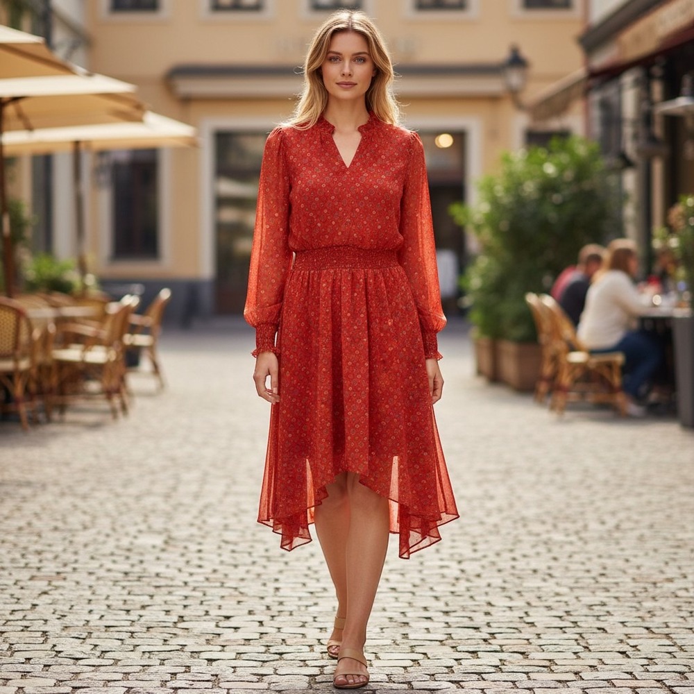 Time and Tru Red Geometric Print Handkerchief Hem Midi Dress Womens Small 4-6‎